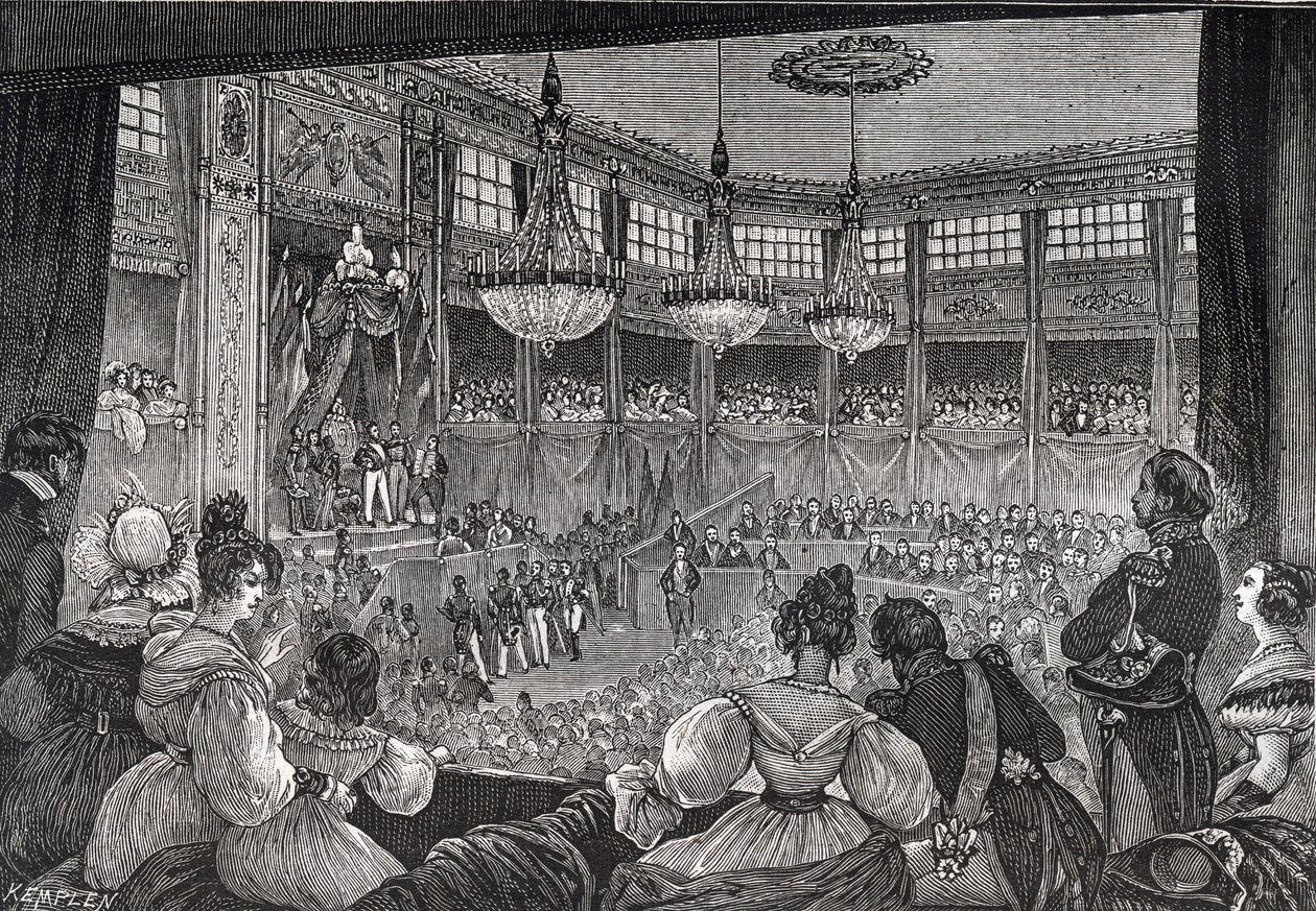 I. Lajos Fülöp letette a királyi esküt a Képviselőház előtt, 1830. augusztus 9. – 1830. évi forradalom: „” I. Lajos Fülöp király (1773-1850) felesküdött az 1830. évi Charta fenntartására az újraegyesült kamarák jelenlétében. a Pa ideiglenes terme alkotó: French School