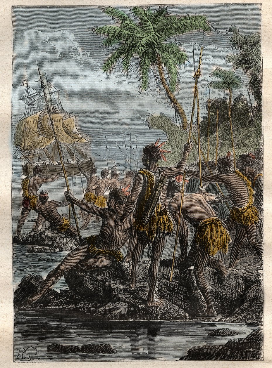 Louis Antoine, Bougainville grófja (1729-1811) 1768-ban érkezett az Ile des Lancies-be (Francia Polinézia) – az illusztráció a „18. századi nagy tengerészek” című könyvből vett. alkotó: French School