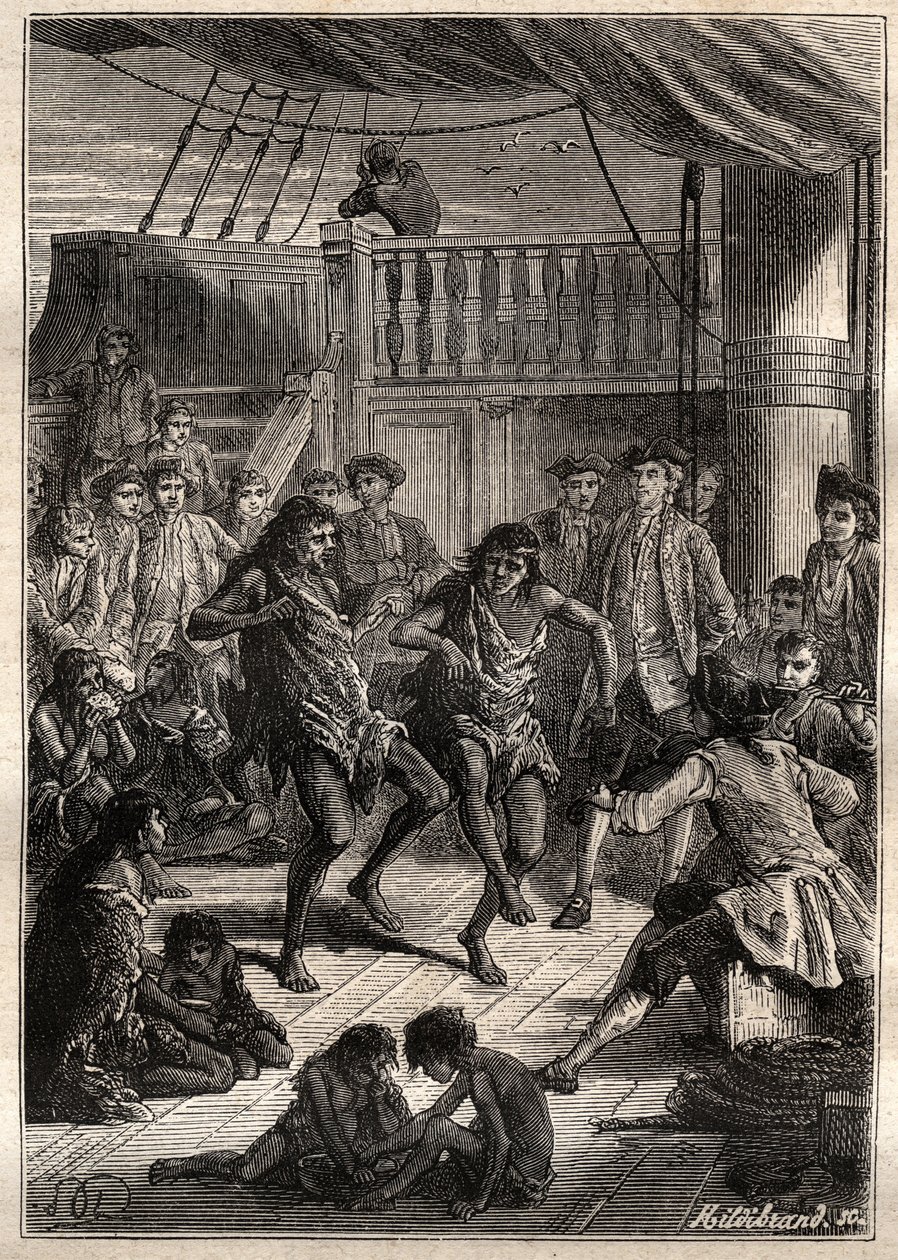 Louis Antoine, Bougainville grófja (1729-1811) fogadta a Bay Fortescue (Detroit of Magellan) lakóit „” La Boudeuse””” csónakjában 1768-ban - illusztráció a „A 18. századi nagy tengerészek” című könyvből. alkotó: French School