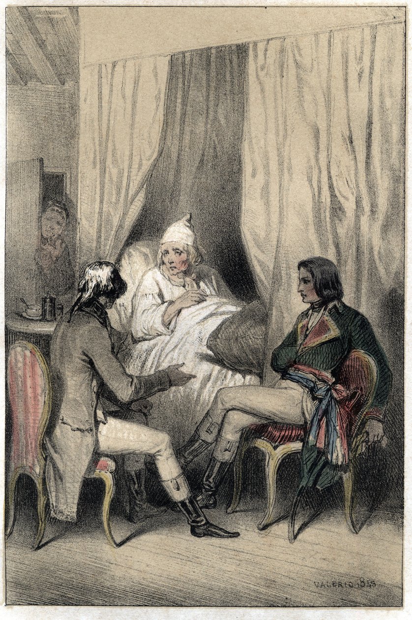 Louis Antoine Fauvelet de Bourienne (1769-1834), francia diplomata és adminisztrátor, valamint Napóleon Bonaparte tábornok (1769-1821) pénzt kért egy beteg öreg kapitalistától az olasz hadjáratra. A „” Scenes de la vie des hommes híres””” engravívból vett  alkotó: French School