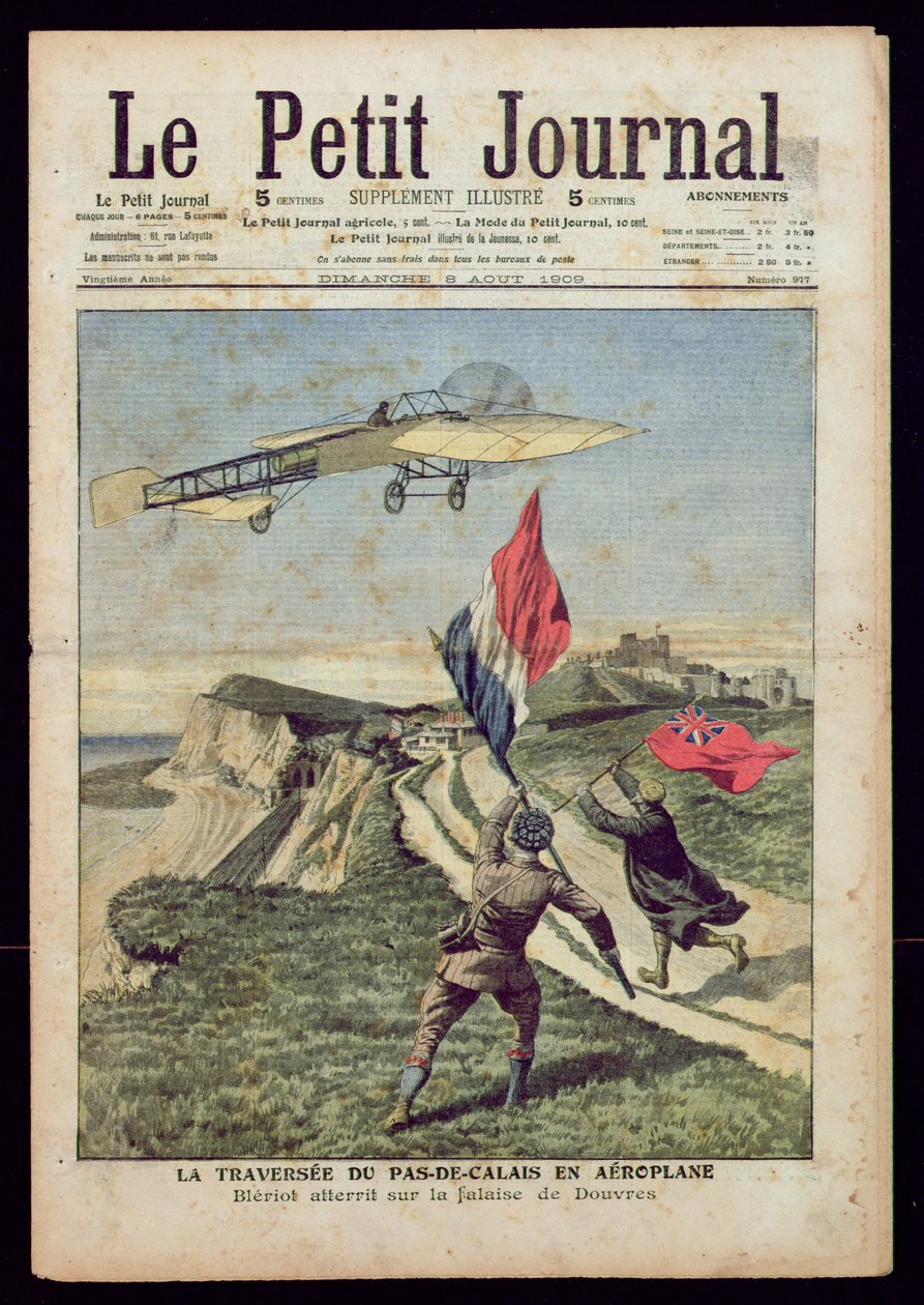 Louis Bleriot (1872-1936) Doverben landolt, a „Le Petit Journal”-ból, 1909. augusztus 8. (színes metszet) alkotó: French School