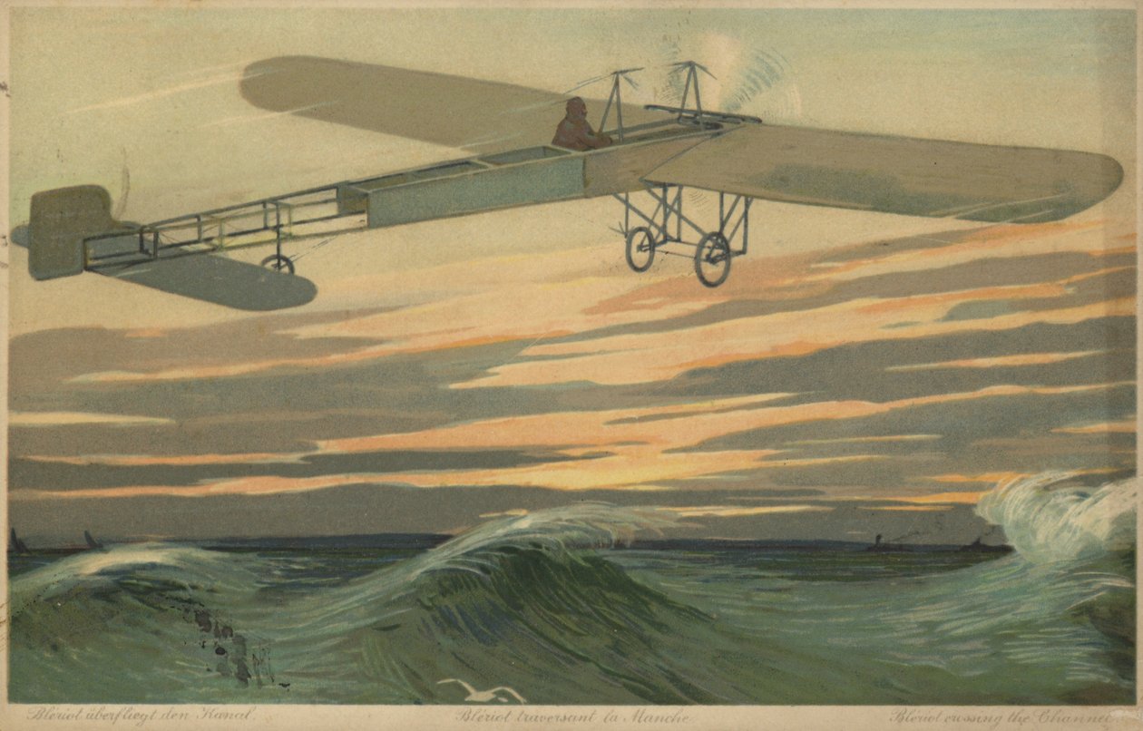 Louis Bleriot első repülése a La Manche-csatorna felett egy levegőnél nehezebb repülőgéppel, 1909. július 25. (színes litográfia) alkotó: French School