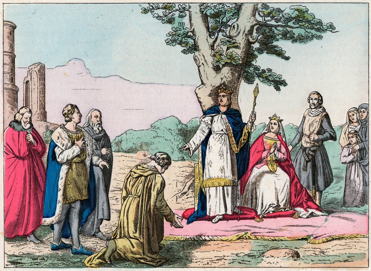 IX. Lajos, dit „Saint-Louis”” (1214-1270) igazságot szolgáltat minden alattvalójának a Bois de Vincennes-ben – Saint Louis (1214-1270) az igazságszolgáltatást – A 19. század végi metszet a „Nos Gires Nationales”-ban - Képek és recits” alkotó: French School