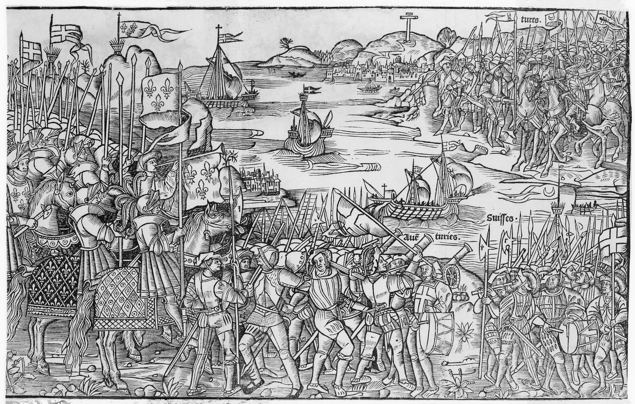 A hetedik keresztes hadjárat alatt Damiettában partra szálló francia IX. Lajos a „Grand Voyage de Hierusalem”-ből, 1522-ben alkotó: French School