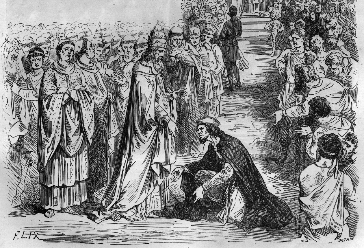 I. Lajos, a jámbor vagy a Debonnaire (778-840) V. István pápa (Stefano, pápa 896-tól 897-ig) térdében. Metszet a „Histoire des Papes-Rois-Queen and Empereurs a travers les centuries” című könyvébe, Maurice Lachatre alkotó: French School