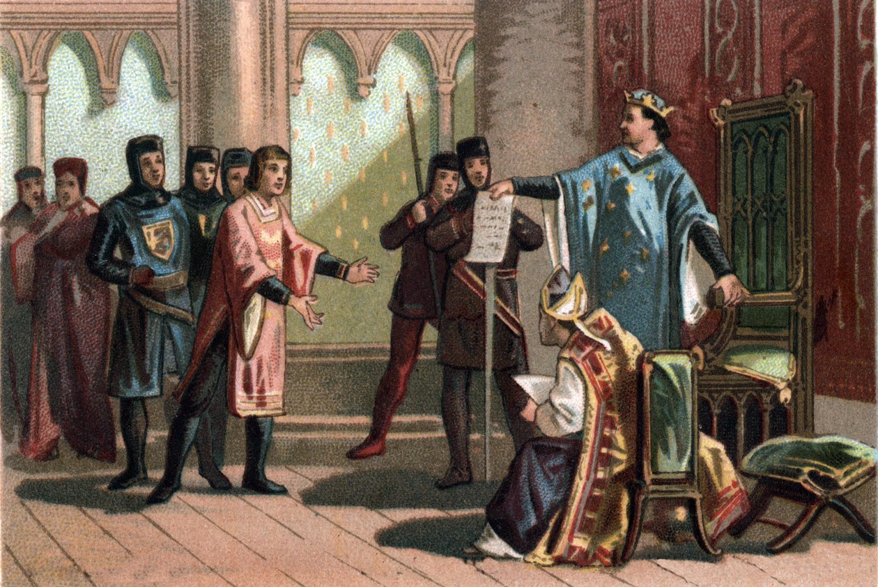 VIII. Lajos, az Oroszlánként ismert (1187-1226), a Capetian dinasztia büszkén és hevesen válaszolt III. Henrik angol király követének. Kromolitográfia 1890 körül. alkotó: French School
