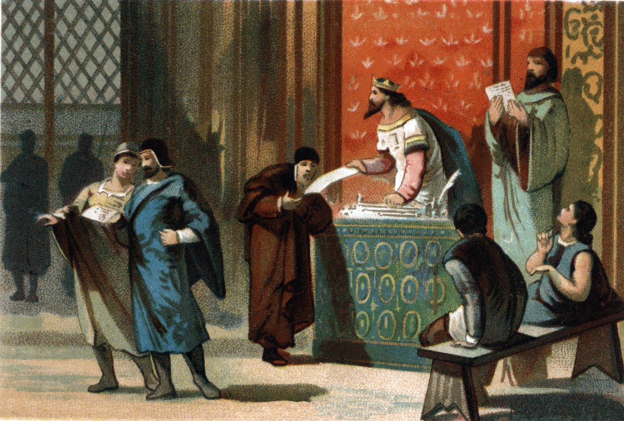 VI. Lajos dit Le Gros (1081-1137) adta a kommunák postai oklevelét. Kromolitográfia 1890 körül. alkotó: French School