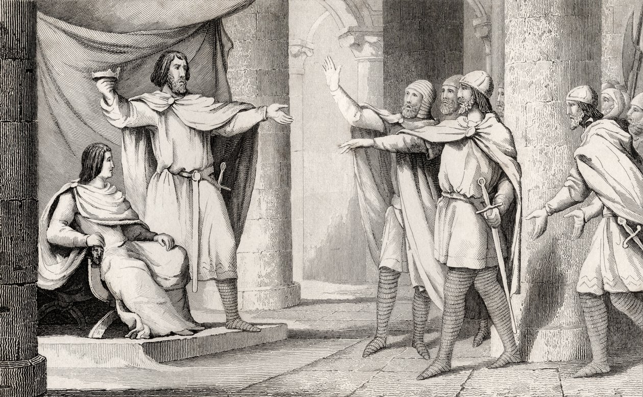V. Lajos (967-87) a naplopó megmutatja koronáját követőinek Colart „Histoire de France” című művéből, amely 1840 körül jelent meg. alkotó: French School