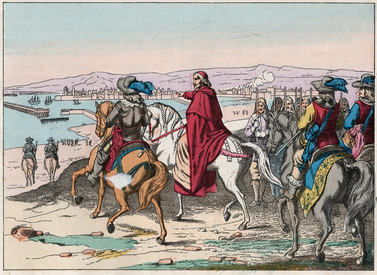 XIII. Lajos (1601-1643) és Richelieu bíboros La Rochelle székhelyén, protestánsok helye 1628 októberében - de Richelieu bíboros és XIII Lajos (1602-43) La Rochelle ostrománál 1628 októberében - Metszet: század vége alkotó: French School