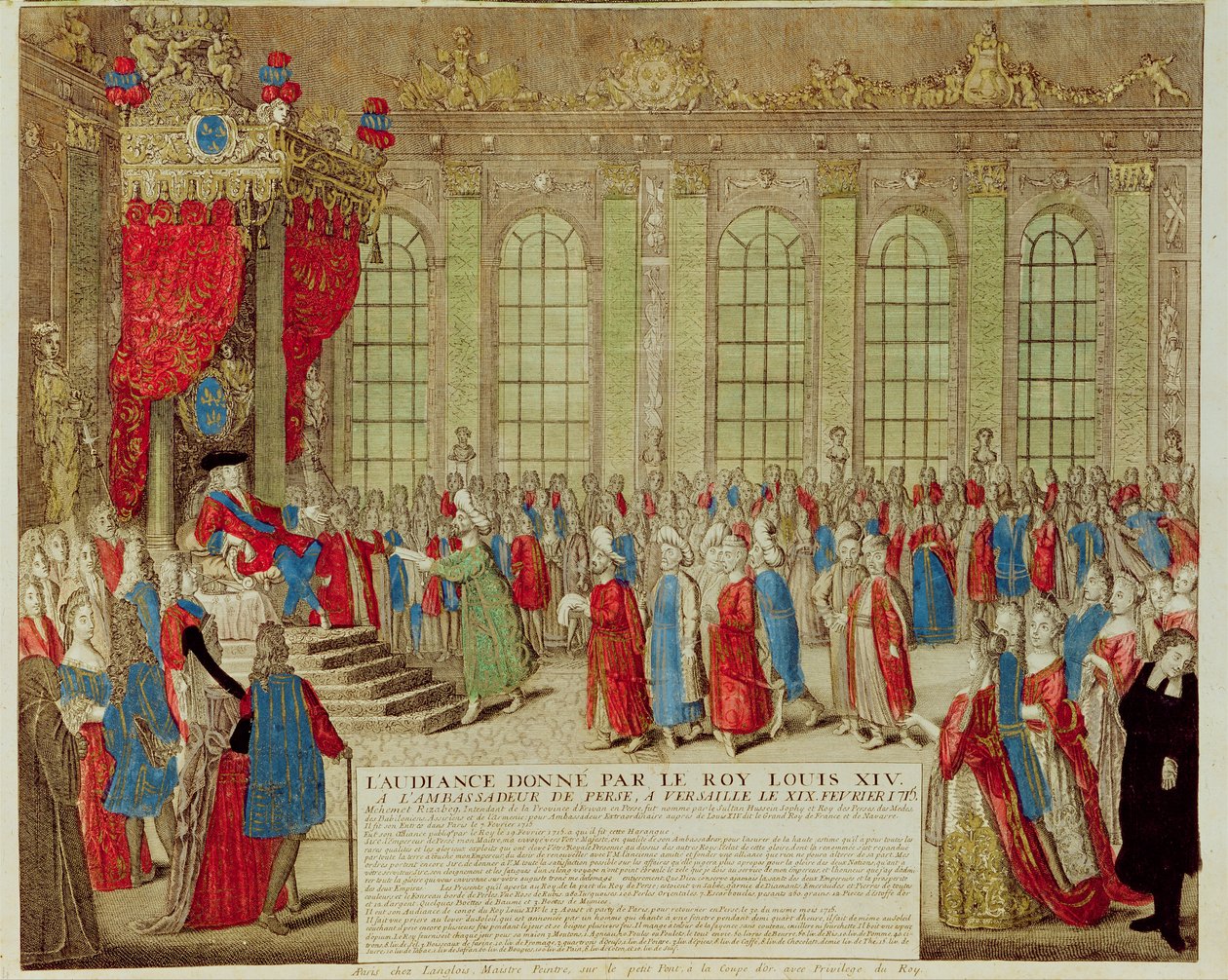 XIV. Lajos (1638-1715) fogadta Mohammed Reza Beget perzsa nagykövetet a Versailles-i Galerie des Glacesben, 1715. február 19. alkotó: French School