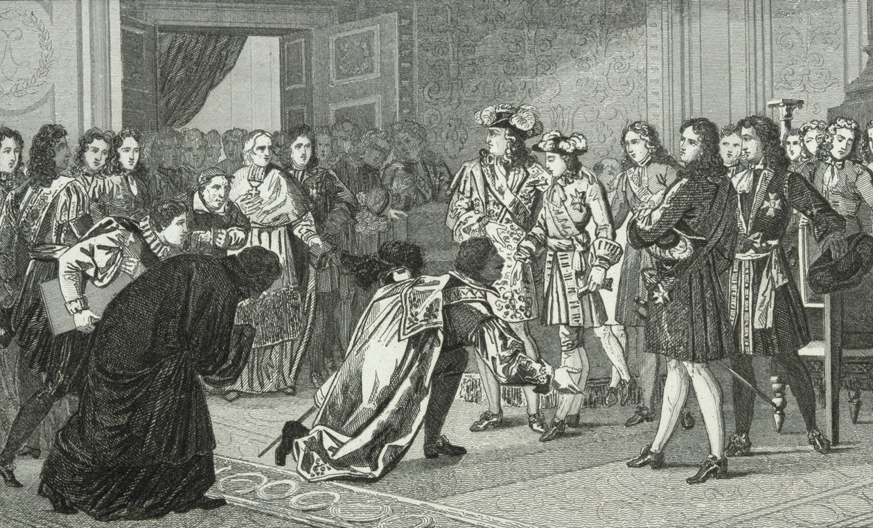 XIV. Lajos (1638-1715), a Napkirály bemutatja unokáját, V. Fülöpöt (1683-1746) a spanyol követeknek, Colart "Histoire de France" című művéből, kiadva 1840 körül. alkotó: French School