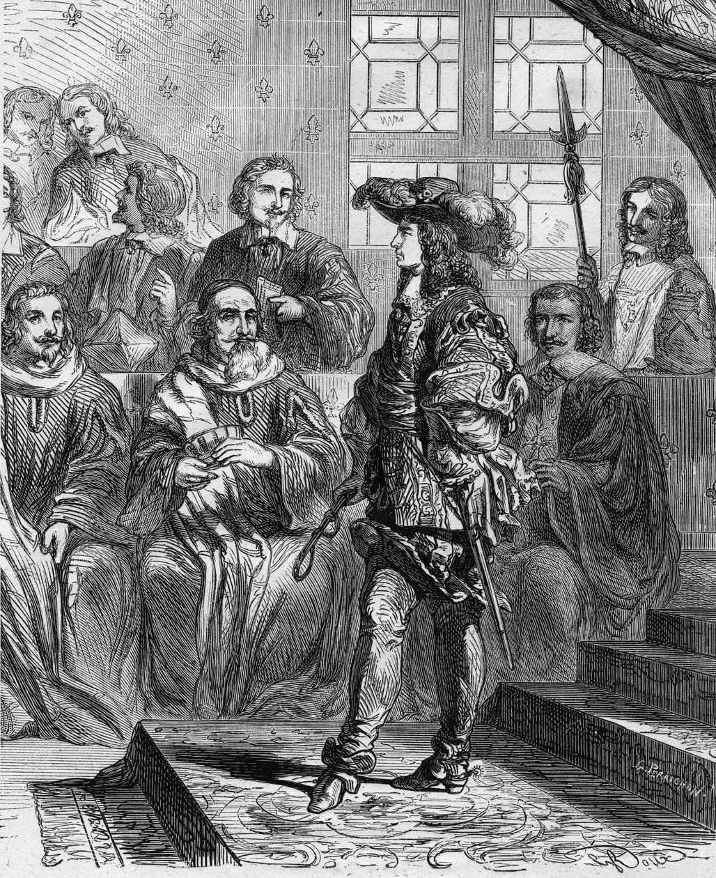 XIV. Lajos (1638-1715) 17 éves volt 1652-ben a parlament előtt, és a közgyűlés feloszlatására kényszerítette az elnököt. Metszet Paul Lehugeur Histoire De France En Cent festményeibe, 1891. alkotó: French School