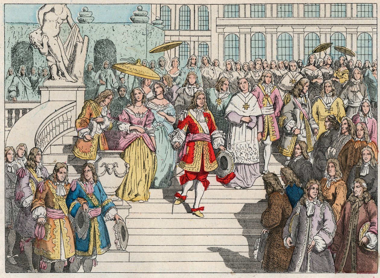 XIV. Lajos (14. Lajos) és udvara Versailles-ban - XIV. Lajos francia és udvara Versailles-ban - A 19. század végi metszet a „” Nos Gires Nationales - Images et recits”-ben” alkotó: French School
