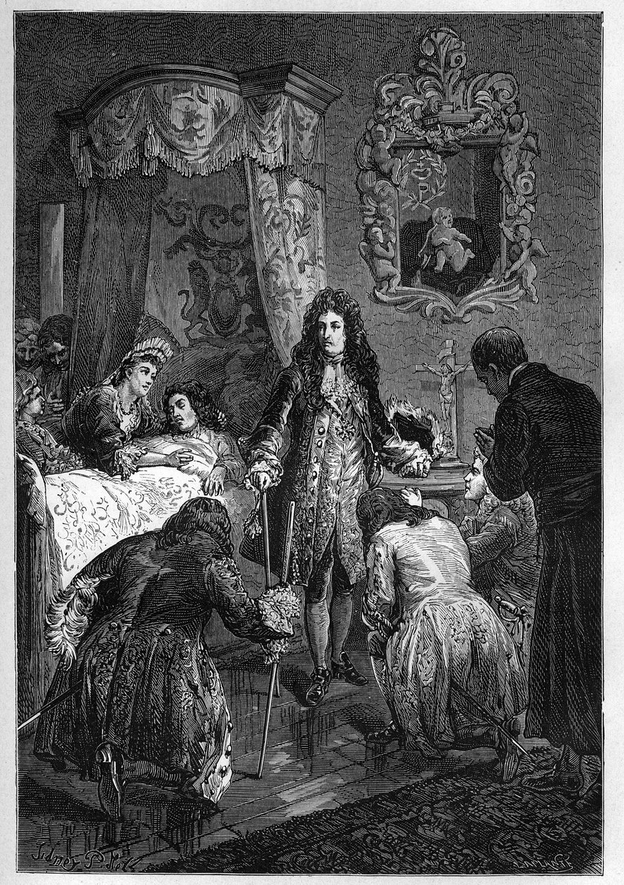 XIV. Lajos meglátogatja II. Jakabot a halálos ágyán - XIV. Lajos francia király látogatása II. Jakab angol (II. Jakab Stuart) (1633-1701) haldoklásakor - „Anglia története a legtávolabbi időkből” vésése Francois Guizot 1877 alkotó: French School
