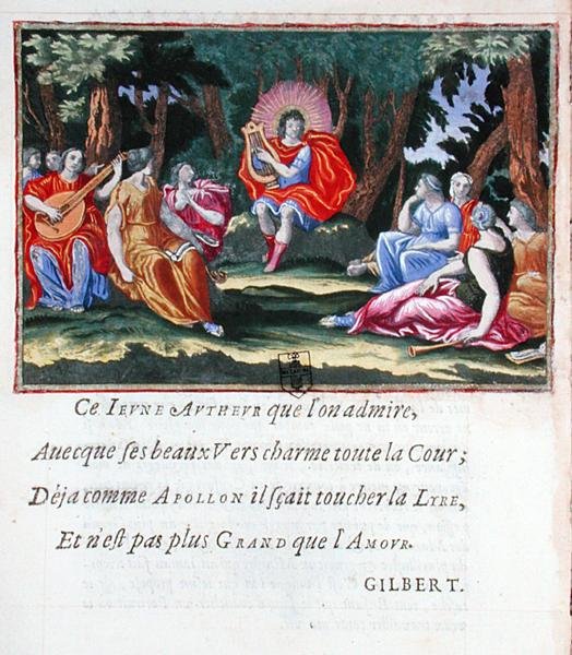 XIV. Lajos, mint Apolló a kilenc múzsával, a „La Lyre du jeune Apollon ou La Muse nasante” Francois de Beauchateau (sz. 1645) versgyűjteményéből alkotó: French School