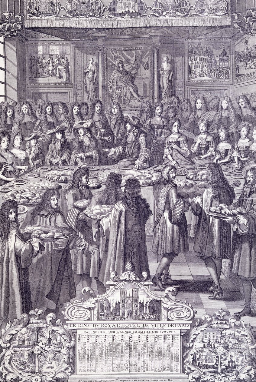 XIV. Lajos, népe szeretete és öröme, metszet az Almanaccoból alkotó: French School