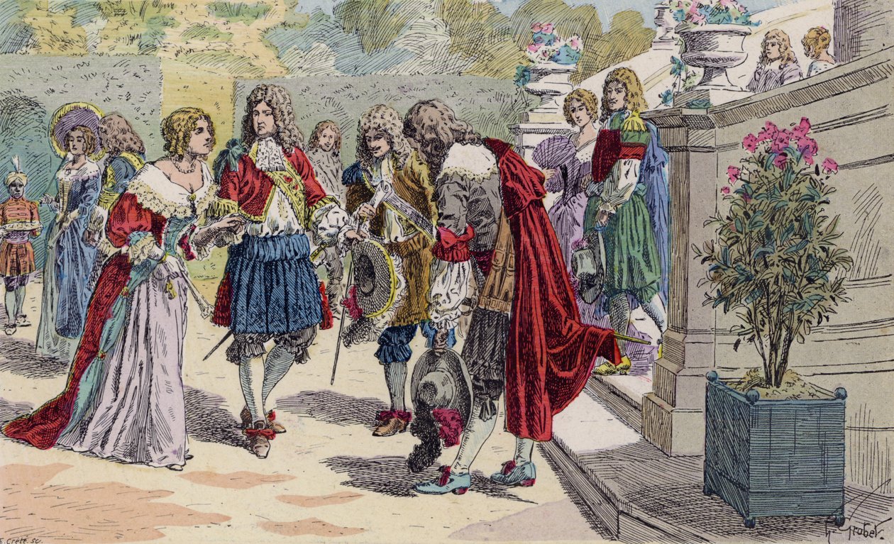 XIV. Lajos és udvara Versailles-ban (színes litográfia) alkotó: French School
