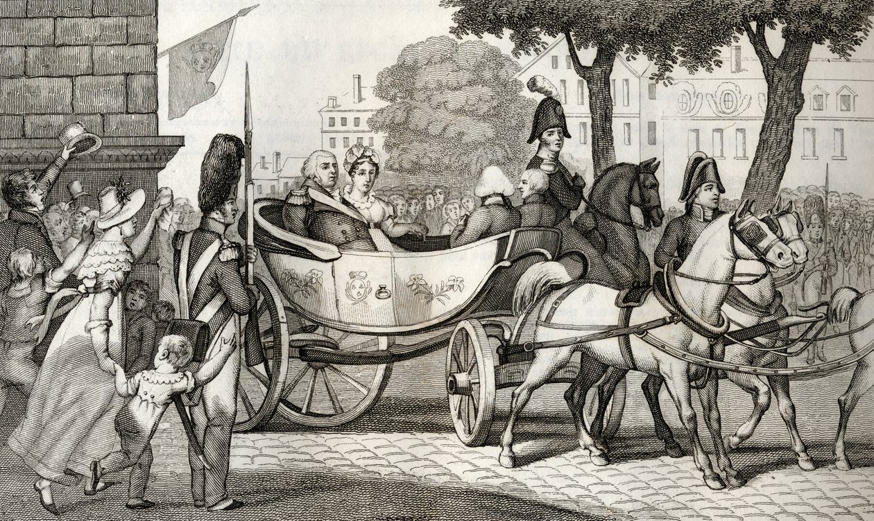 XVIII. Lajos (1755-1824) belép Párizsba az 1814-es restauráció idején, Colart „Histoire de France” című művéből, amely 1840 körül jelent meg. alkotó: French School