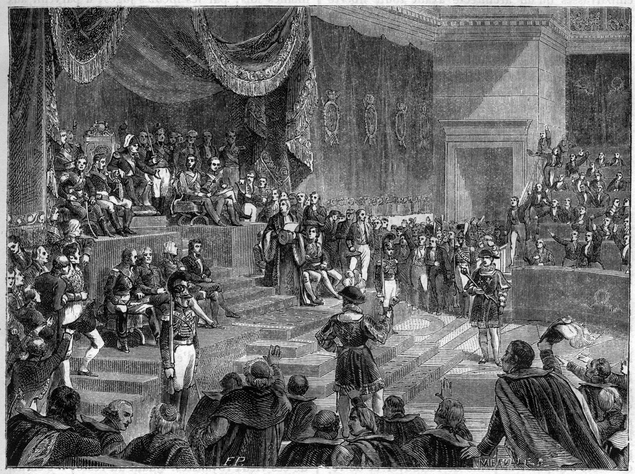 XVIII. Lajos és az Alkotmányos Monarchia létrehozása – 1814. június 4-i Alkotmányos Charta – XVIII. Lajos elnököl a kamarák ülésének megnyitóján 1814. június 4-én a párizsi Palais Bourbonban – a „Histoire de l