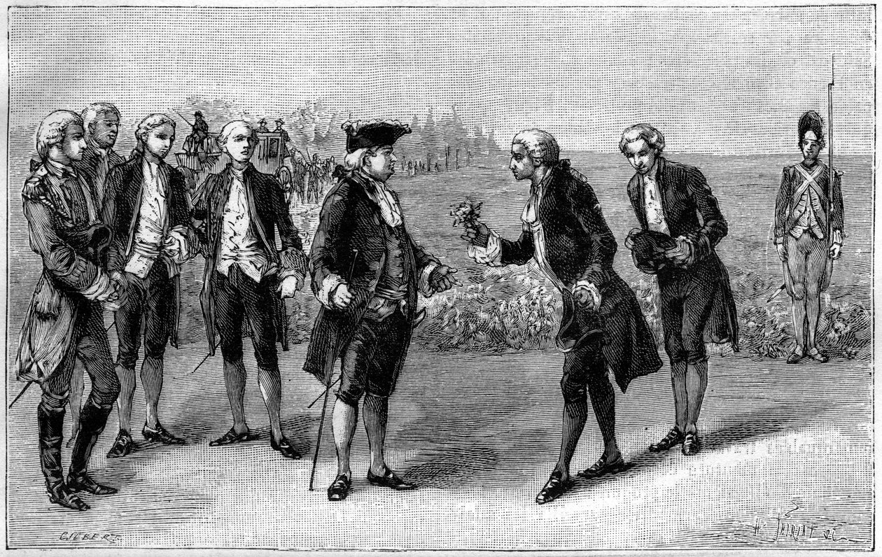XVI. Lajos (1754-1793) a Sablons-síkság első burgonyaföldjét látogatva (a mai avenue de la Grande Armee, Párizs), Antoine Augustin Parmentier (1737-1813) burgonyavirágot kínált neki 1785 körül. ” La Nature. Revue des sciences alkotó: French School
