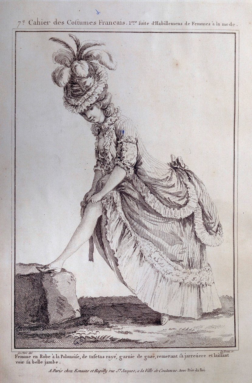 Lajos divatja: egy fiatal nő lábportréja lengyel ruhában, csíkos taftban. Metszet 1778-ból. Párizs, díszítőművészet alkotó: French School