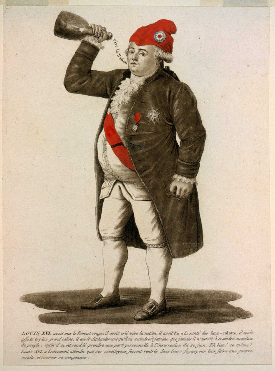 XVI. Lajos piros sapkát viselő, „Éljen a nemzet” kiáltással, 1792-es kocsma (kézzel festett rézkarc) alkotó: French School