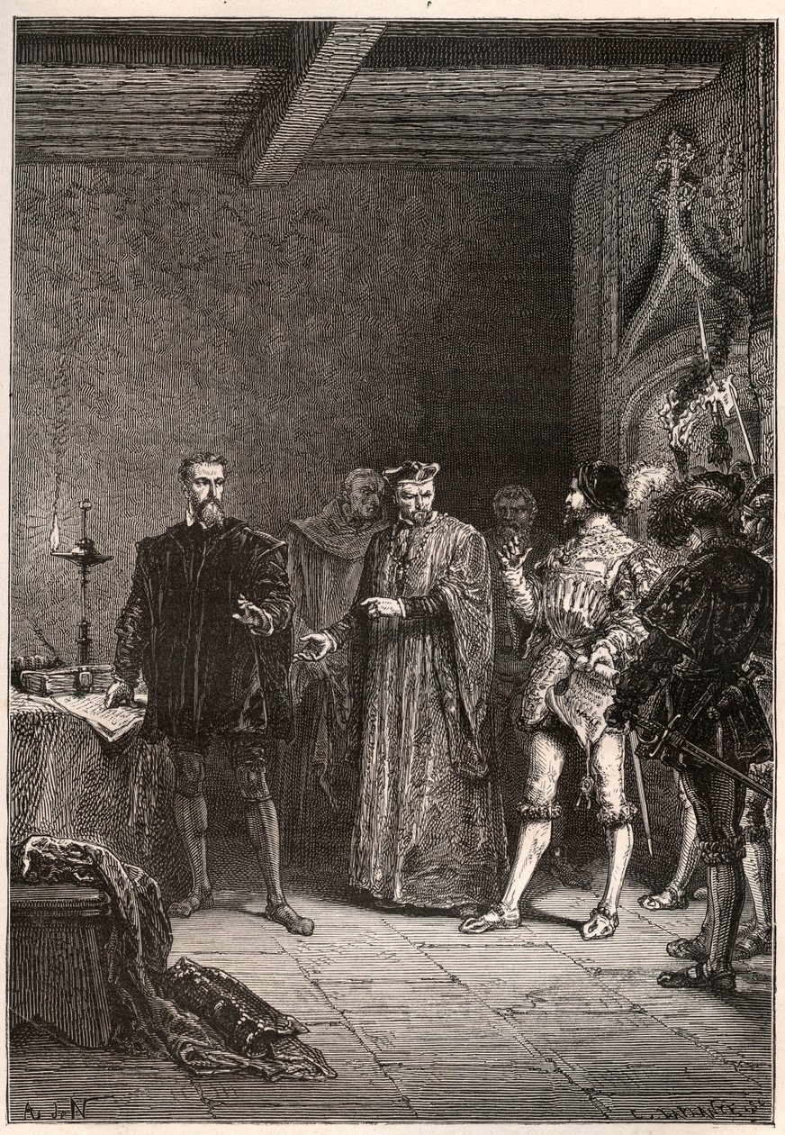 Louis de Berquin (1485-1529), lovag és humanista, vallási reformátor, felszabadította Jean de la Barre (1523-1533) prevot de Paris - Louis de Berquin (balra) szabadult a börtönből John de la Barre - metszet a „”-ból Franciaország történelmét mesélték el a  alkotó: French School