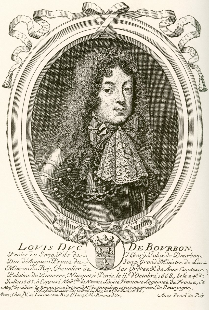 Louis de Bourbon, Condé hercege, 1668-1710. A vér hercege XIV. Lajos francia udvarában. Az 1908-ban megjelent Les Heures Libresből. alkotó: French School