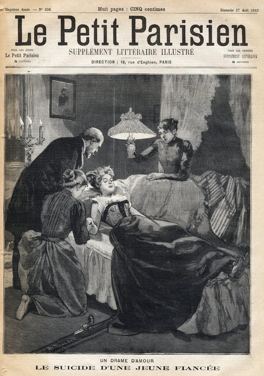 Szerelmi dráma: Egy 17 éves menyasszony öngyilkossága férje halála után. Az egyik „Le petit Parisien” újság 1893.08.27-én (metszet) alkotó: French School