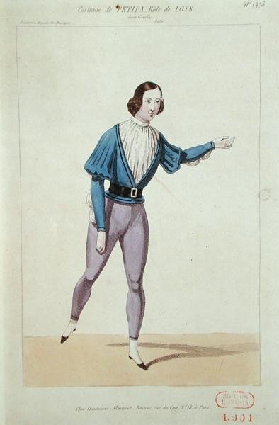 Lucien Petipa (1815-1898) Loys szerepében Adolphe Adam (1803-56) Giselle című művében, 1841 (színes litó) alkotó: French School