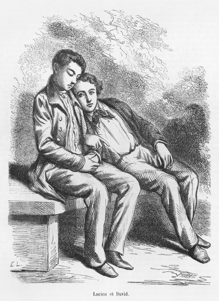 Lucien de Rubempre és David Sechard, illusztráció a „Les Illusions perdues” című művéből, Honore de Balzactól alkotó: French School