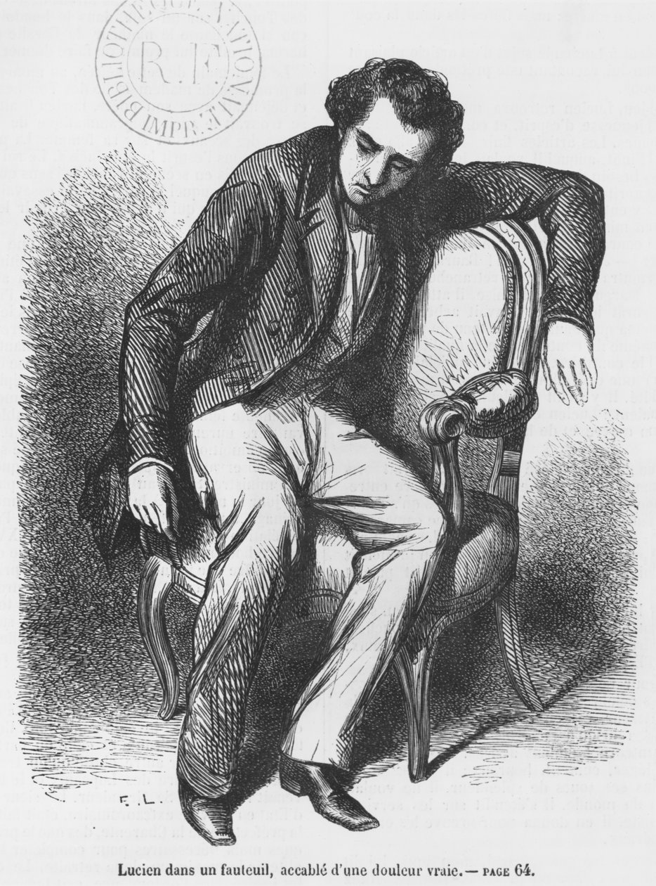 Lucien de Rubempre szomorúságtól elöntve, illusztráció a Les Illusions perdues című filmből, Honore de Balzactól alkotó: French School
