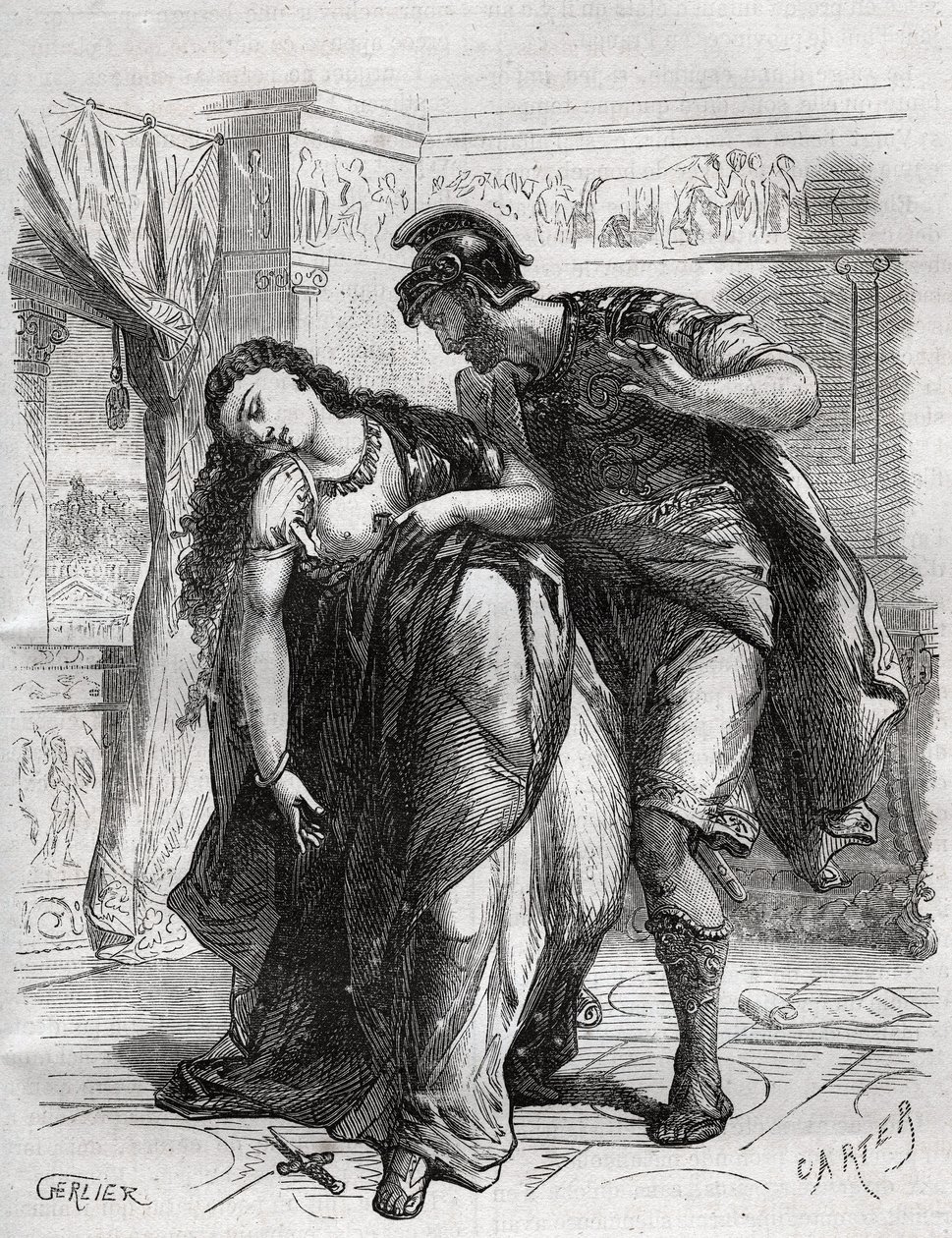 Lucrece halála: Lucrece (Lucrezia, Lucretia, a Kr. e. 6. századi római hölgy) unokatestvére, Sextus Tarquin, a Nagyszerű Tarquin fia erőszakos áldozata lett. Öngyilkosságot követett el férje, Lucius Tarquinius Collatinus előtt, akit Ta néven ismernek alkotó: French School