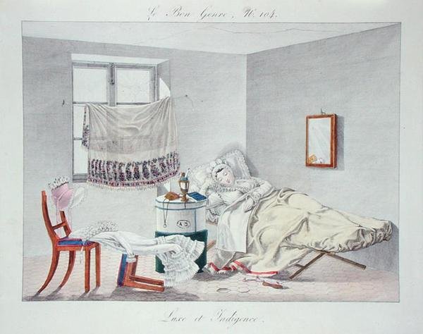 Luxus és szegénység, „Le Bon Genre” 104-es tábla, 19. század eleje (színes metszet) alkotó: French School