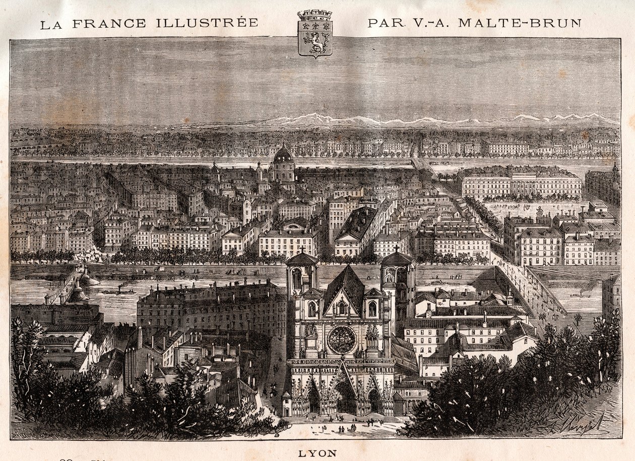 Lyon – V.A. Malt-Brown „La France illustrée: földrajz, történelem, statisztikai igazgatás” című metszete. 1884 alkotó: French School
