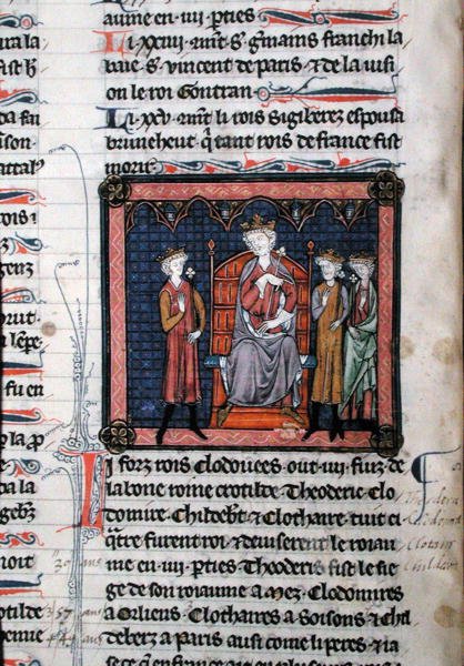 MS.782 Childeric II (kb. 650-675), Clodomir (c. 495-524) és valószínűleg Theodorik, akit I. Clotaire király védelme alatt állóként ábrázoltak (497-561 körül), trónon ülve, miniatűr Chroniques de Saint-Denis (vellum) alkotó: French School