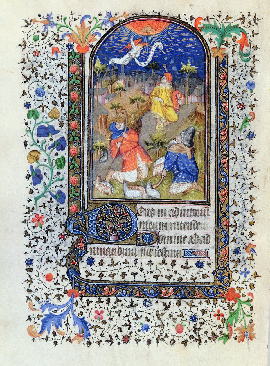 MS 1278 fol.106v Angyali üdvözlet a pásztoroknak, Heures a lusage de Troyes, a Rohan Órák Mesterének Stúdiója, c, 1413-20 alkotó: French School