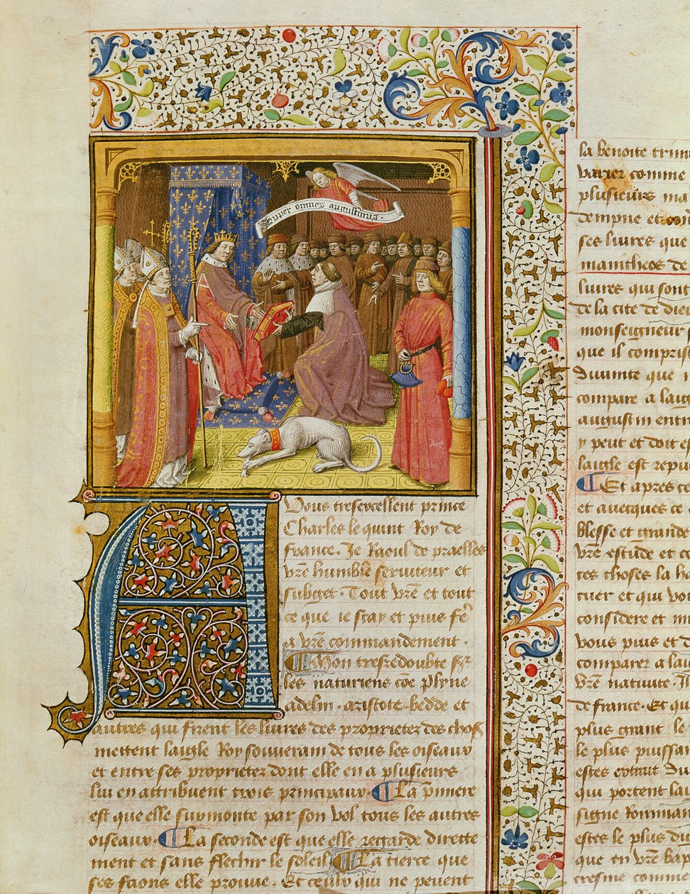 MS 246 f.1r Raoul de Presles bemutatja fordítását V. Károlynak (1338-80) a La Cite de Dieu-ból, Szent Ágostontól, fordította Raoul de Presles (1316-82) c.1400-50 alkotó: French School