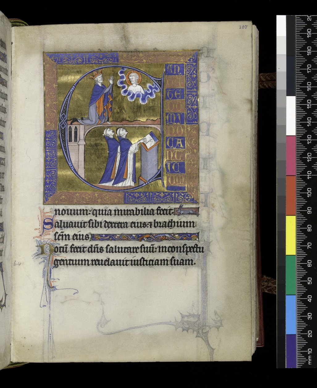 MS 300 f.107r, Dávid Istenhez imádkozik (fent), két klerikus (lent), a francia Izabella zsoltárából és óráiból, Párizs, 1265-70 körül (toll, tinta és tempera pergamenen) alkotó: French School