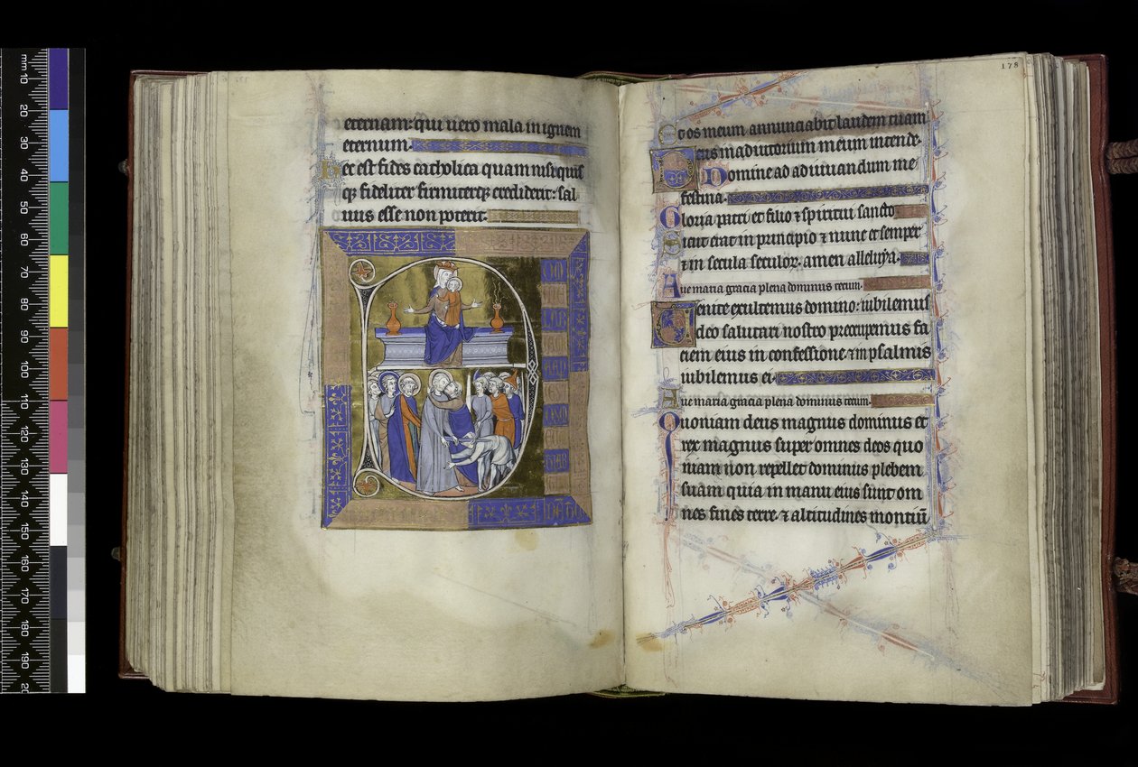 MS 300 f.177v-178r, Matins, Virgin és Child két váza között ülve a padon (fent); Krisztus árulása, Júdás megcsókolja Krisztust, és Szent Péter levágta Malkus fülét (lent), a francia Izabella zsoltárából és óráiból, Párizs, 1265-70 körül (toll és alkotó: French School