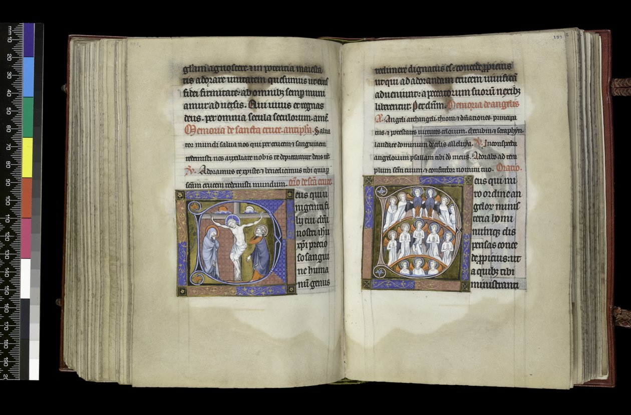 MS 300 f.198v-199r, Választási jog a keresztre és választójog az angyalokhoz, a francia Izabella zsoltárából és óráiból, Párizs, 1265-70 körül (toll, tinta és tempera pergamenen) alkotó: French School