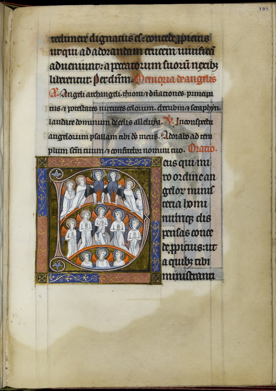 MS 300 f.199r, választójog angyaloknak, fólió a francia Isabelle Zsoltárok óráiból, 1265-1270 körül (toll és tinta, tempera és arany pergamen) alkotó: French School