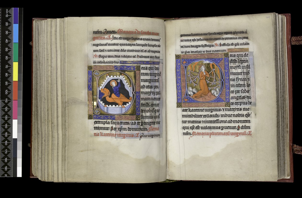 MS 300 f.206v-207r, választójog Szent Margitnak és választójog Szent Katalinnak, a francia Izabella zsoltárából és óráiból, Párizs, 1265–1270 körül (toll, tinta és tempera pergamenen) alkotó: French School