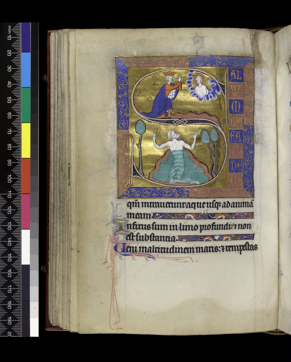 MS 300 f.70v, David Istenhez imádkozik (fent), Dávid vízbe süllyed (lent), a francia Izabella zsoltárából és óráiból, Párizs, 1265-70 körül (toll és tinta és tempera pergamenen) alkotó: French School