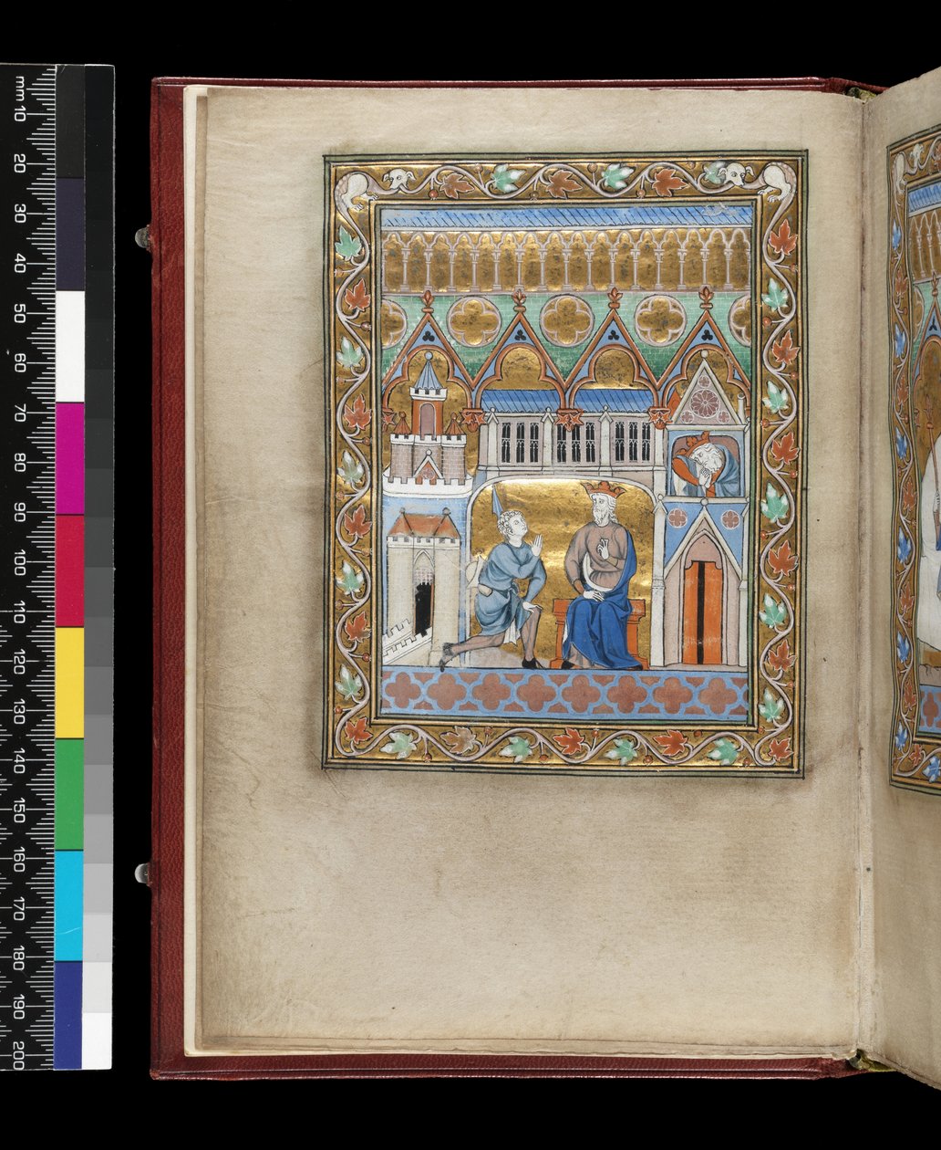 MS 300 f.IIIv, David, kétszer bemutatva, Absalom haláláról értesül a francia Izabella zsoltárából és óráiból, Párizs, 1265-70 körül (toll, tinta és tempera pergamenen) alkotó: French School