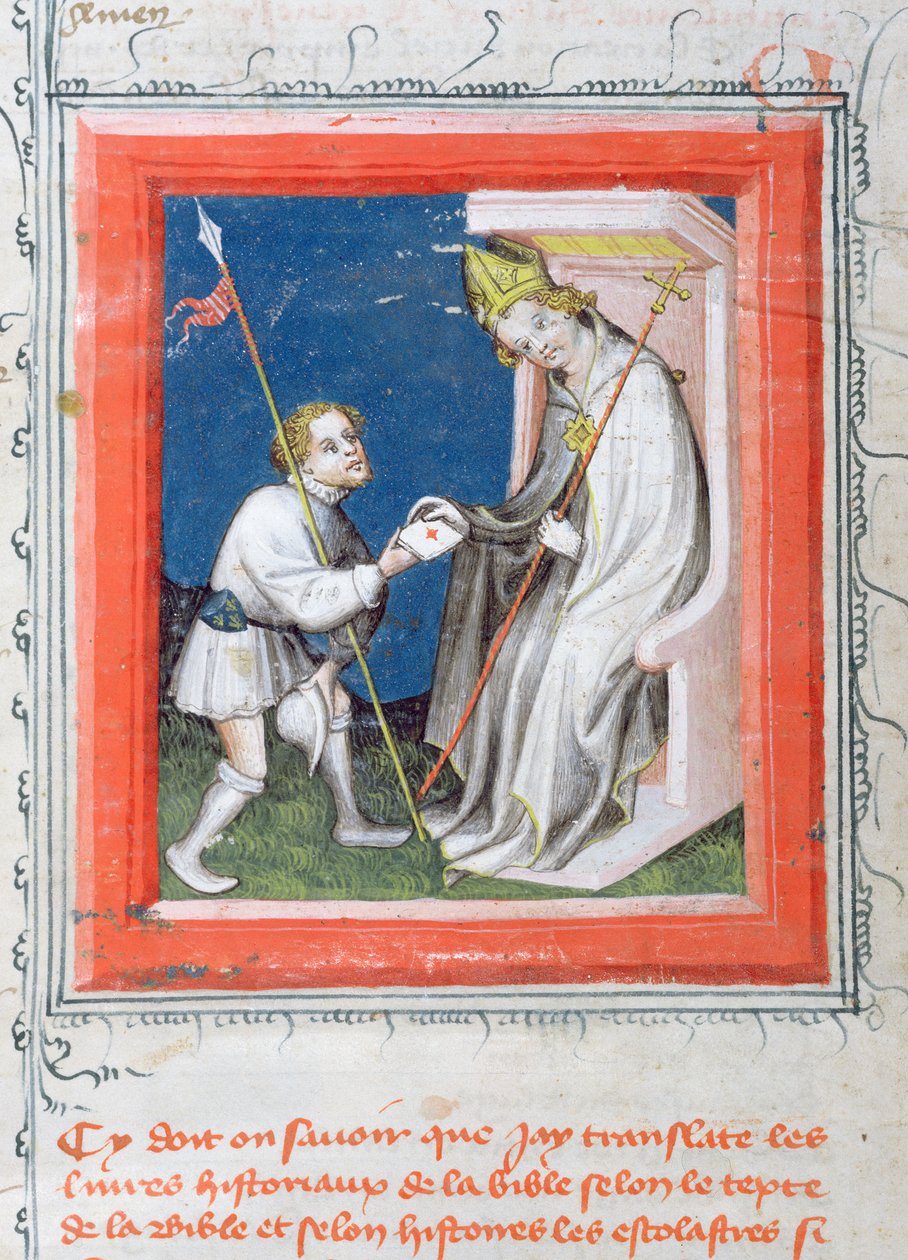 MS 313 Messenger levelet ad a francia királytól egy püspöknek, miniatűr a Guiart des Moulins Bibliából alkotó: French School