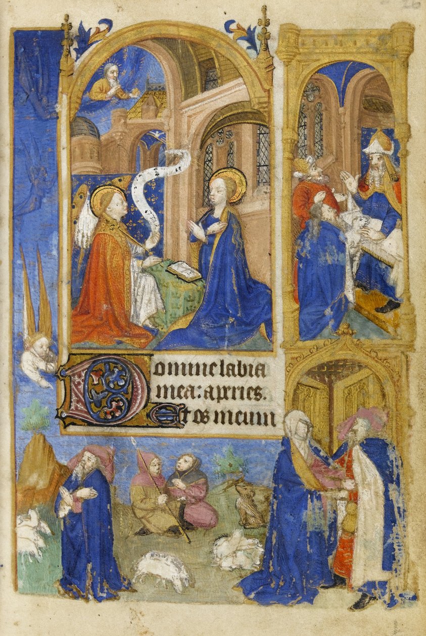 MS 39-1950 f.26r Angyali üdvözlet és Angyali üdvözlet a pásztoroknak, 1464 (arany, ezüst és színes tinta pergamenen) alkotó: French School