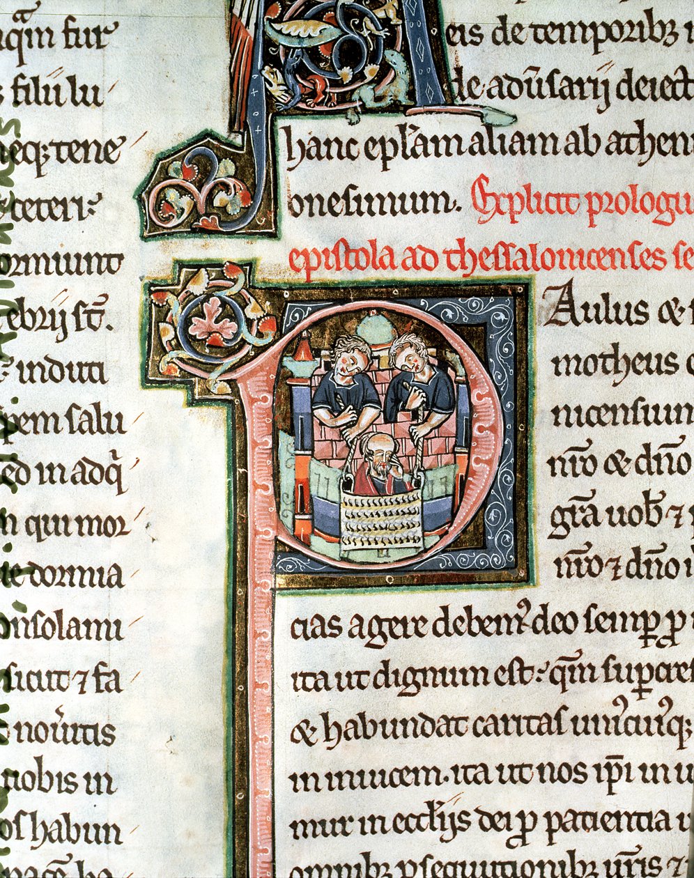 MS 3 Fol. 291v Szent Pál menekülése Damaszkuszból, megvilágított P kezdőbetű, 13. század, az Avranches Bibliából alkotó: French School