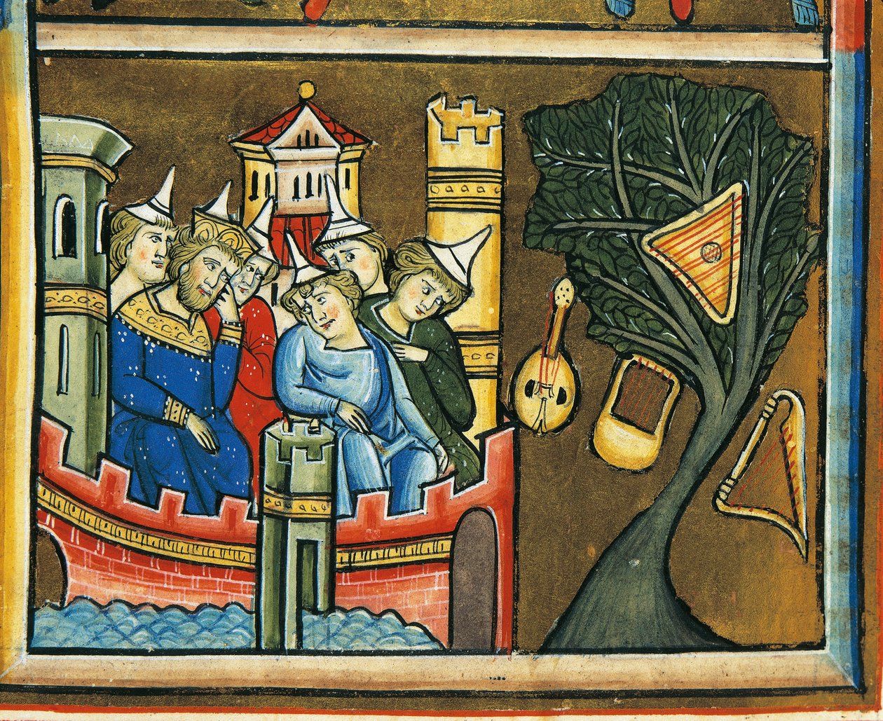 MS CXXXVII fol. 139v, Gyászoló zsidók Babilonban, Szent Erzsébet zsoltárából (tempera és aranylevél pergamen) alkotó: French School