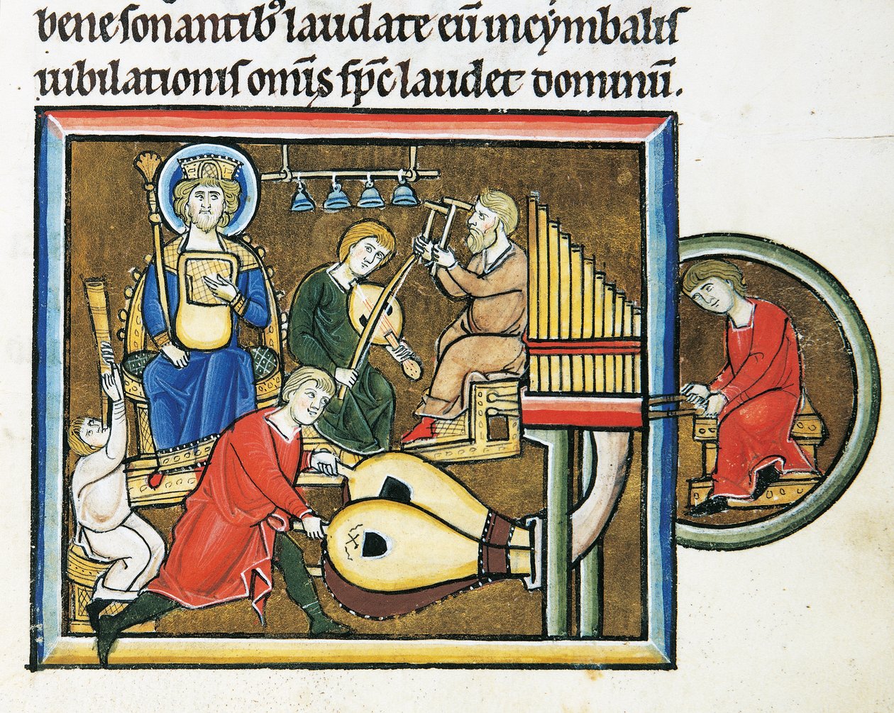 MS CXXXVII fol. 149r, Dávid király kezében a zsoltárral és zenészekkel, Szent Erzsébet zsoltárából (tempera és aranylevél pergamen) alkotó: French School